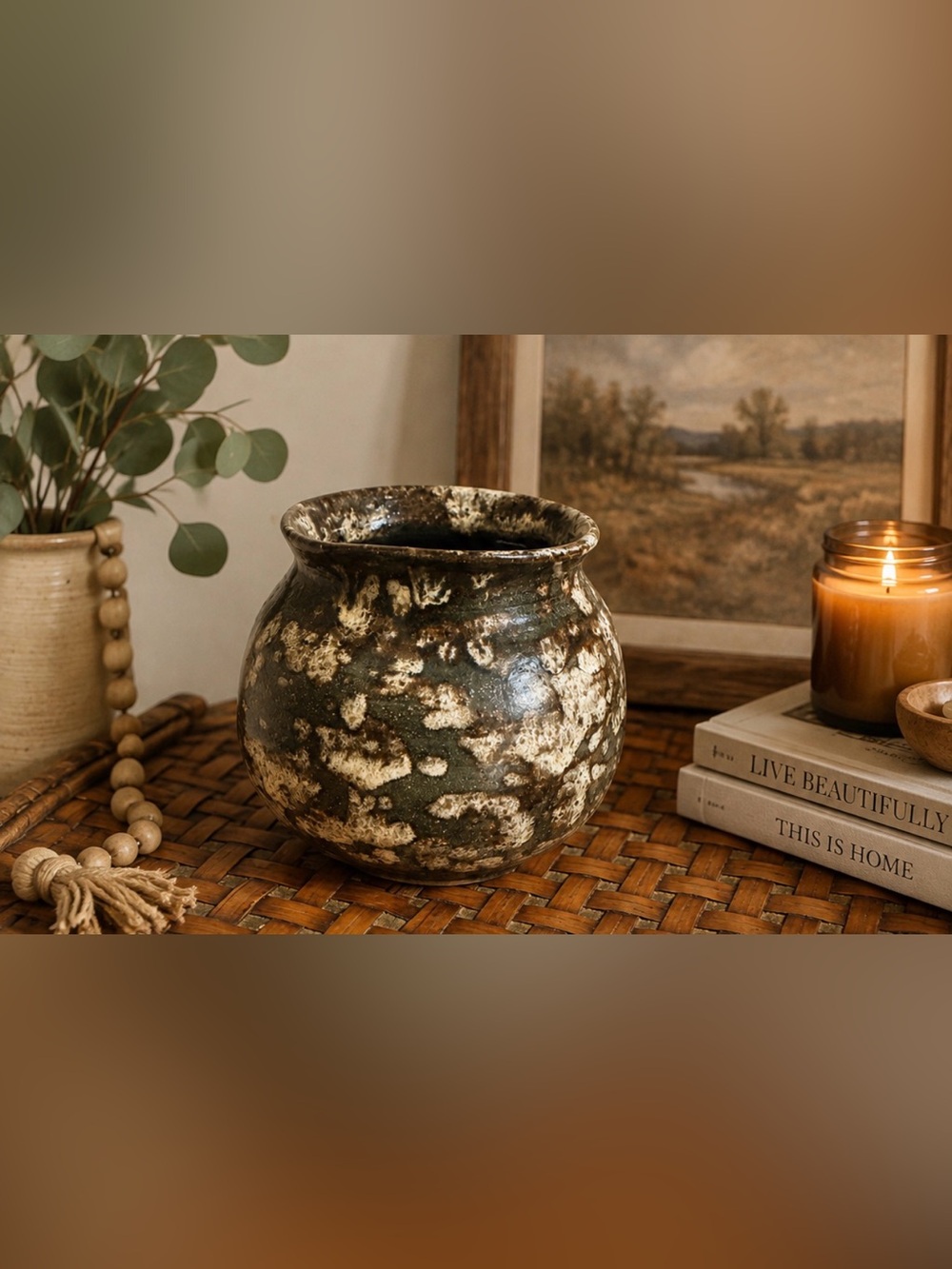 Handmade Studio Pottery Vase Mottled Earthy Glaze Rustic Wabi Sabi Boho Ceramic